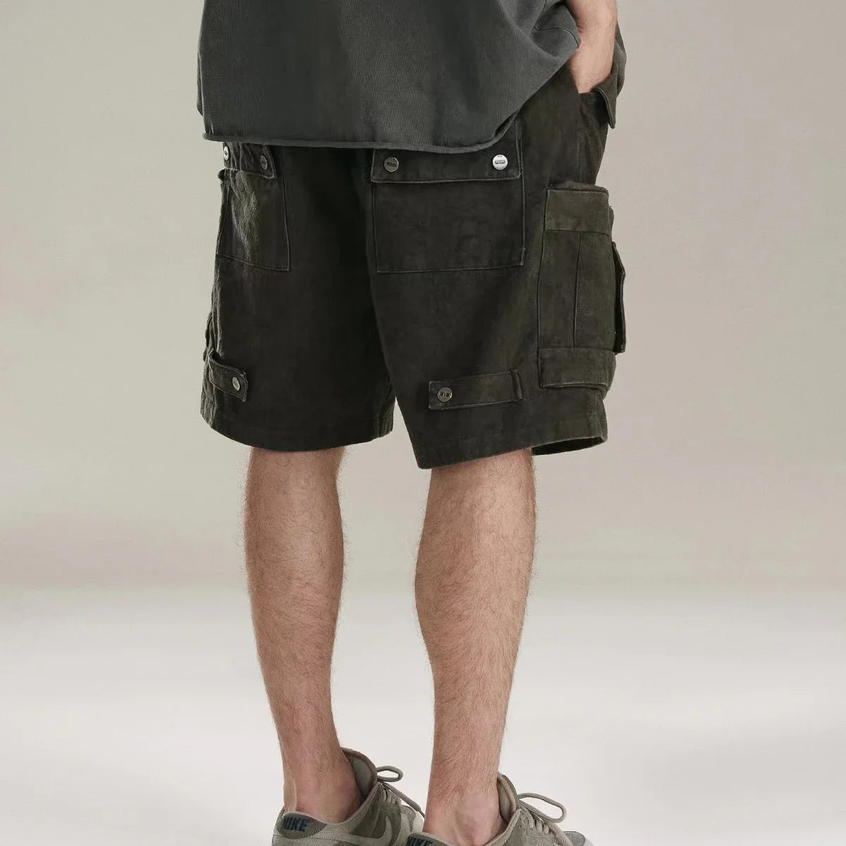 heavy industry tie dyed canvas washed shell shorts for men and women wide leg baggy cargo short oversize loose knee length pants 1 military streetwear pants