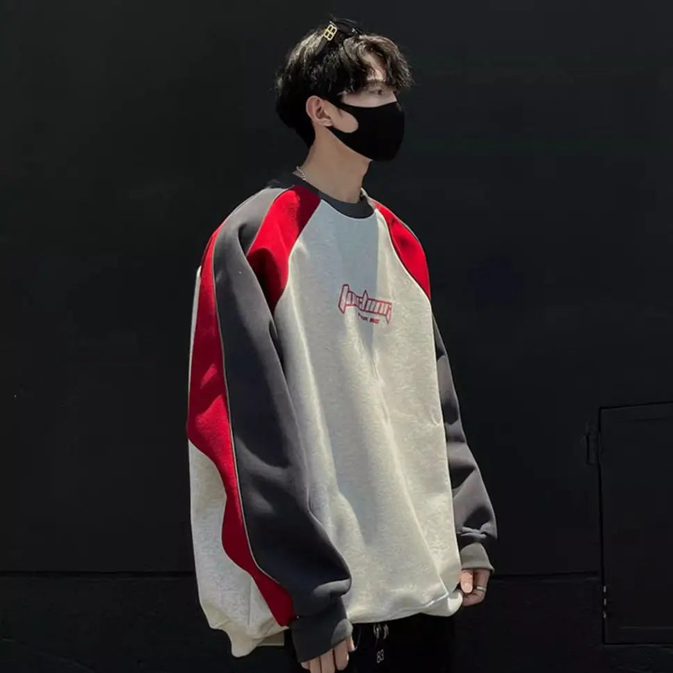 Motorcycle Style Round Neck Sweatshirt Men 2024 Spring Autumn Niche Contrasting Color Pullover Hot Top