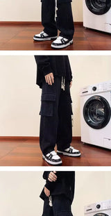 american retro and personalized straight leg jeans for men and women with hiphop big pocket design work pants loose casual pants unique jeans style 771