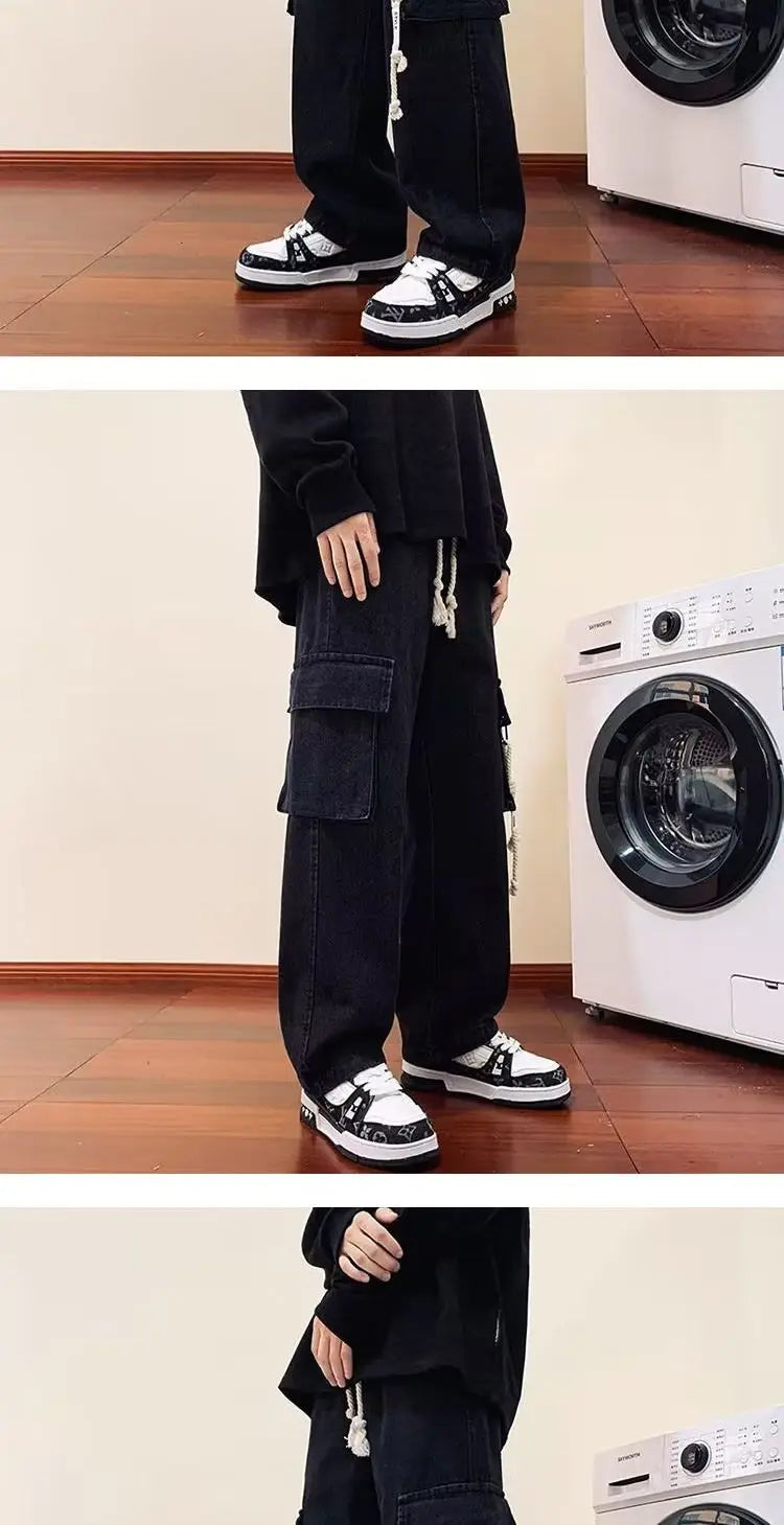 american retro and personalized straight leg jeans for men and women with hiphop big pocket design work pants loose casual pants unique jeans style 771