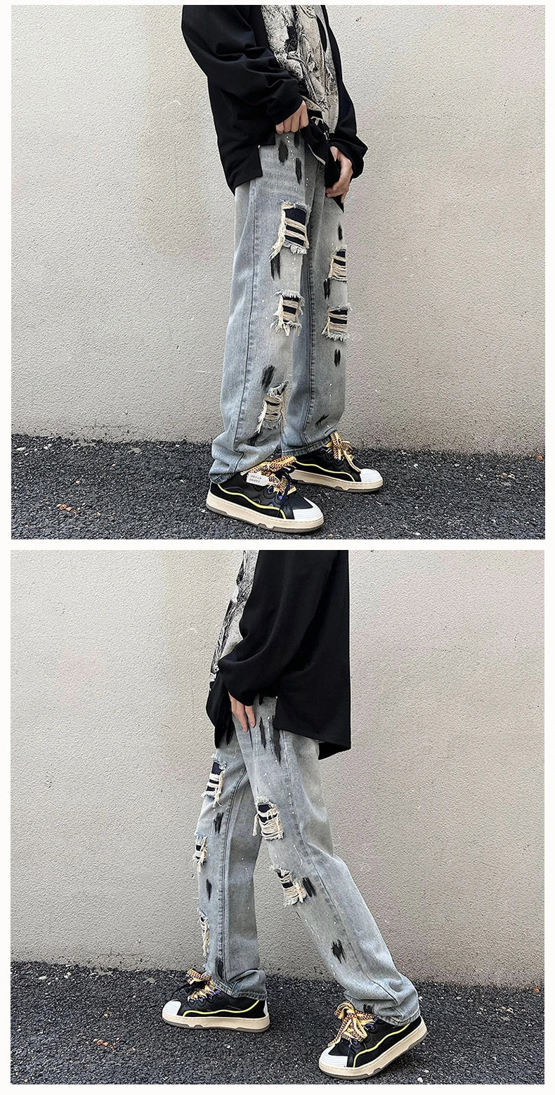 graffiti printed ripped destroied denim jean mens distressed biker jeans trousers new fashion high street straight pants joggers unique joggers style 2735