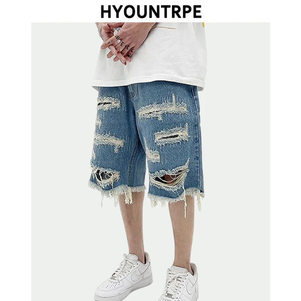 Mens Fashion Denim Jean Shorts Summer Casual Destroyed Ripped Destressed Holes Loose Shorts Hip Hop Streetwear Shorts Joggers