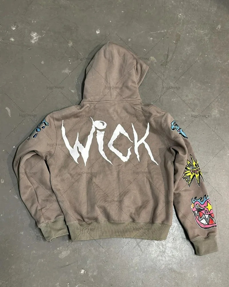 Street Fashion Brand Retro Zipper Hoodie Men Anime Graffiti Print Over