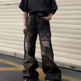 american high street trendy men and women retro personality straight washed jeans for couples loose harajuku casual pants y2k unique jeans style 785