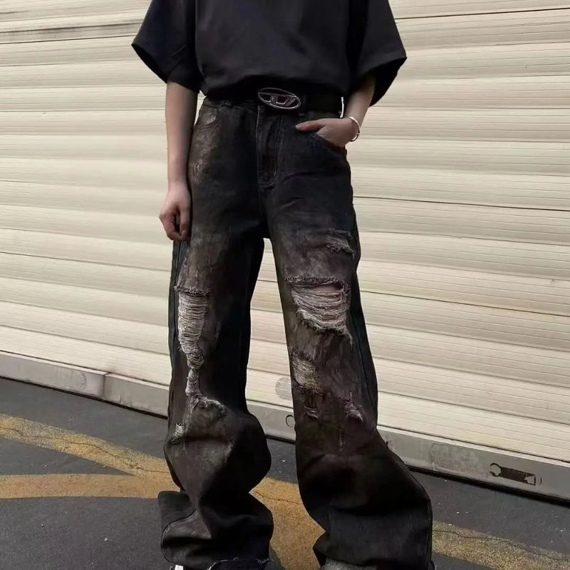 american high street trendy men and women retro personality straight washed jeans for couples loose harajuku casual pants y2k unique jeans style 785