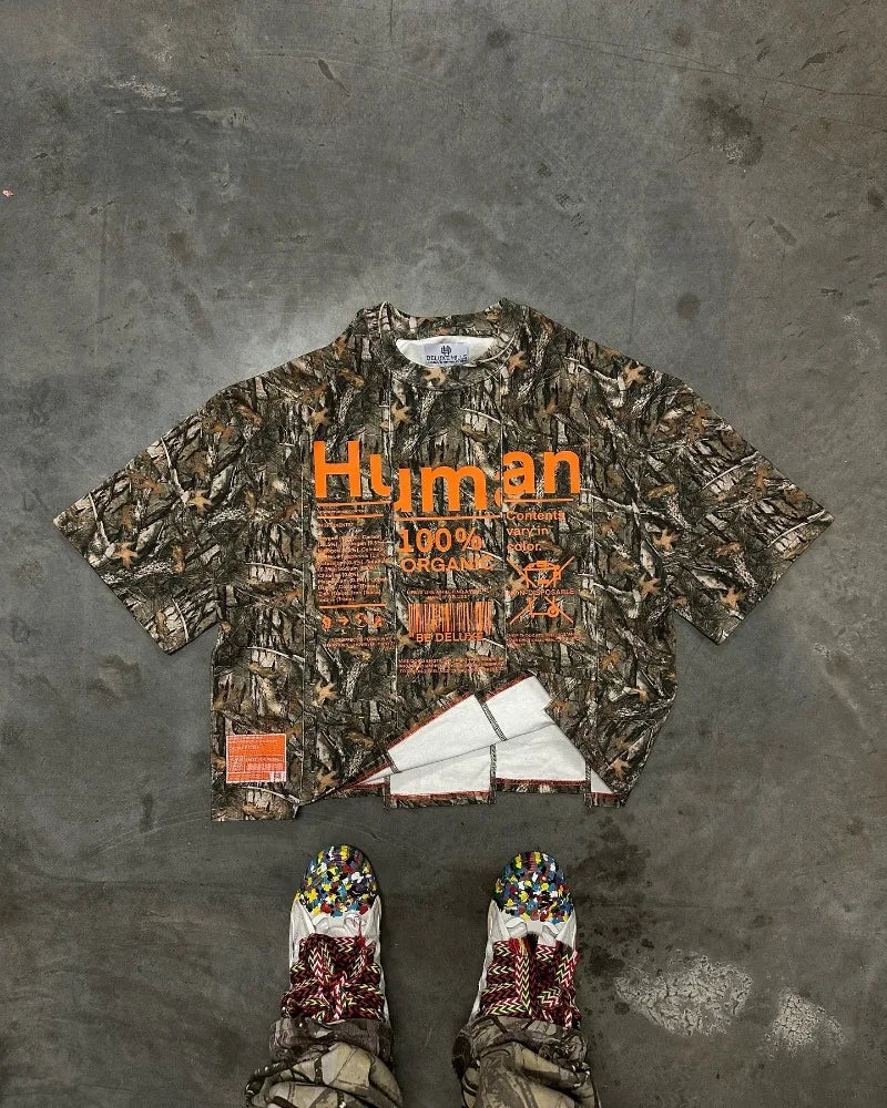 2024 New leaf decoration style alphabet print short sleeve men Y2k round neck irregular top Harajuku punk retro style shirt