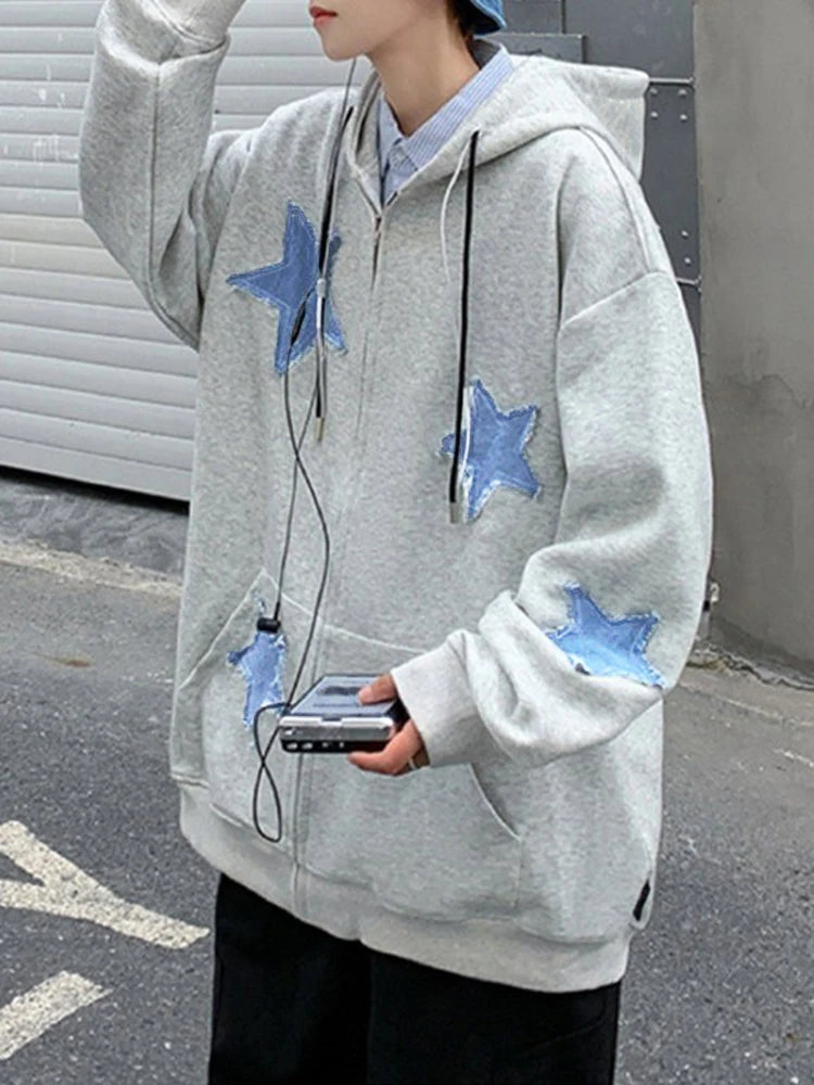 Mens Star Patch Zip Up Hoodie For Men Oversized Y2K Sweatshirt Jacket