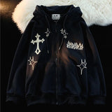 Gothic Embroidery Hoodies Women Retro Harajuku Hip Hop Jacket High Str