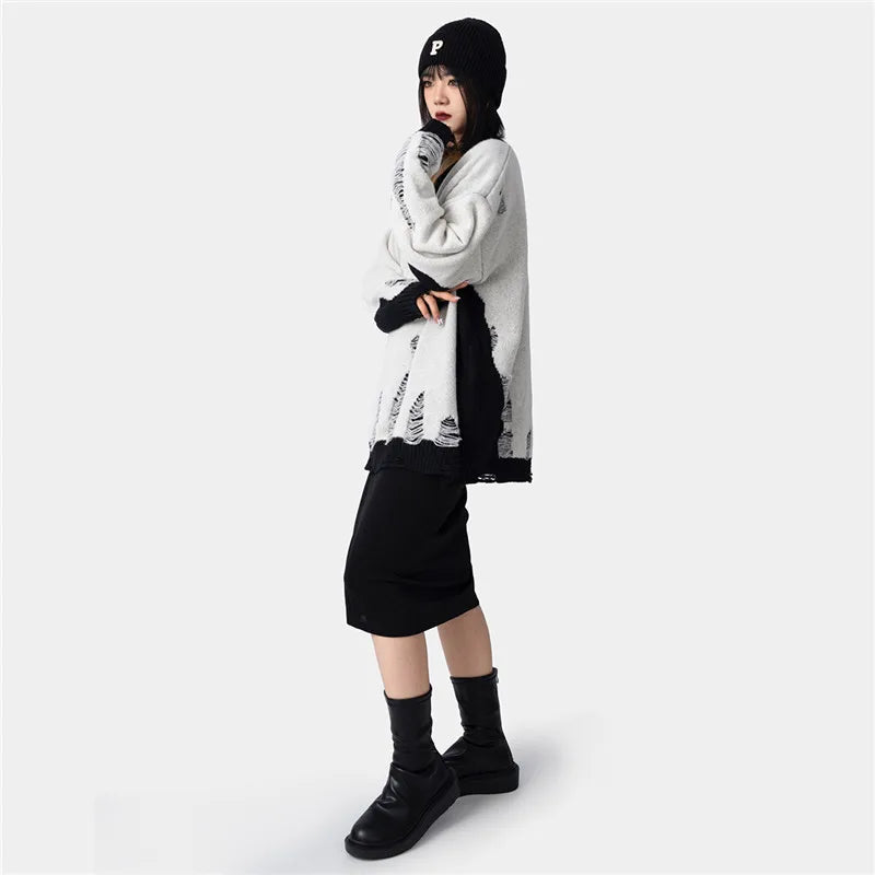 hip hop streetwear knitted sweater sweater 2022 mens harajuku ripped holes new casual v neck tops cotton loose pullover sweaters - unisex casual winter pullover, anime inspired graphic hoodie, high quality cotton hoodie