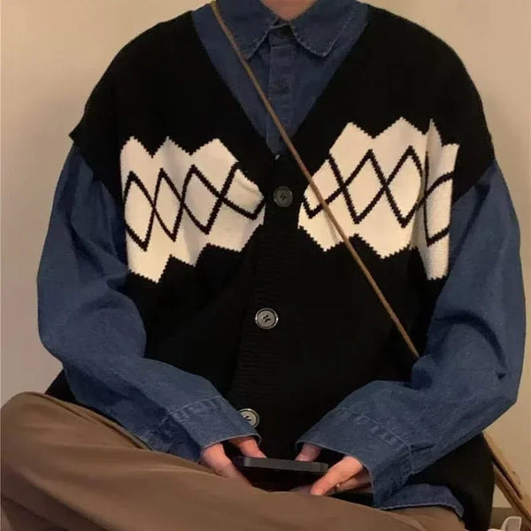 autumn japanese 3 piece set men women college knitted vest jogging pant long sleeve shirts vintage wide leg baggy casual suits relaxed fit trousers