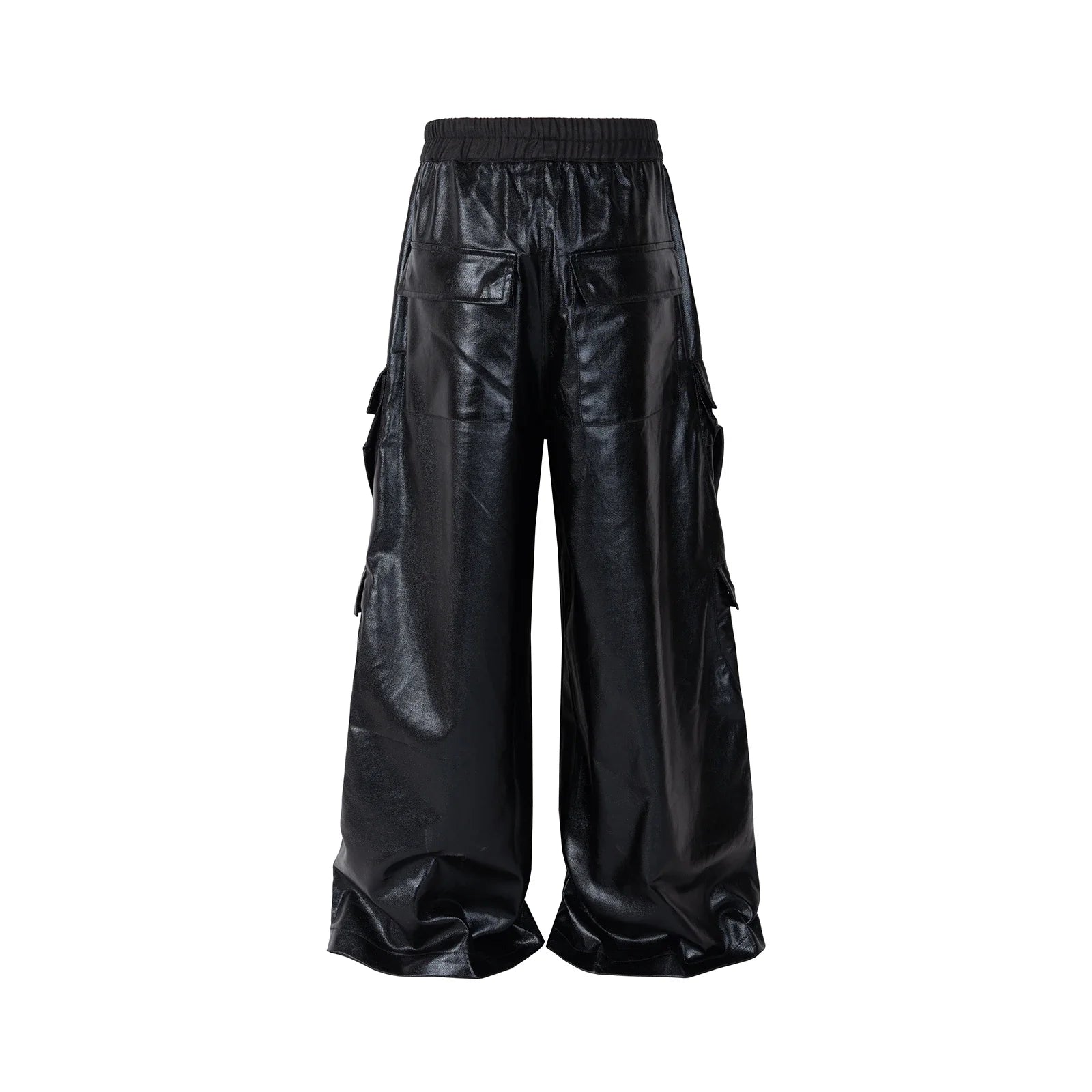 ro style glossy black pu leather pants for men high street y2k pantalones hombre baggy overall wide leg drawstring cargos unique cargo style 5635