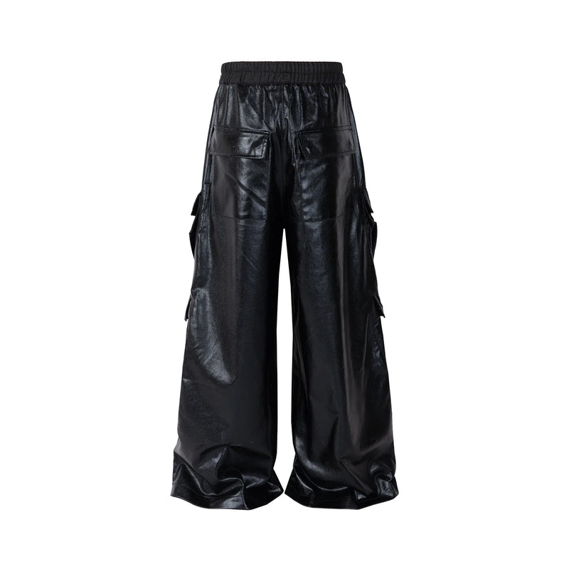 ro style glossy black pu leather pants for men high street y2k pantalones hombre baggy overall wide leg drawstring cargos unique cargo style 5635