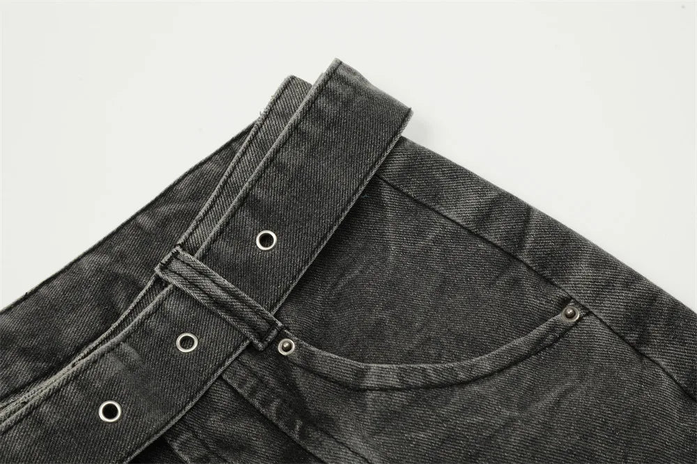 american high street vibe fashion splice jeans mens belt loose casual vintage wide leg straight denim baggy jeans pants trouser unique jeans style 1454