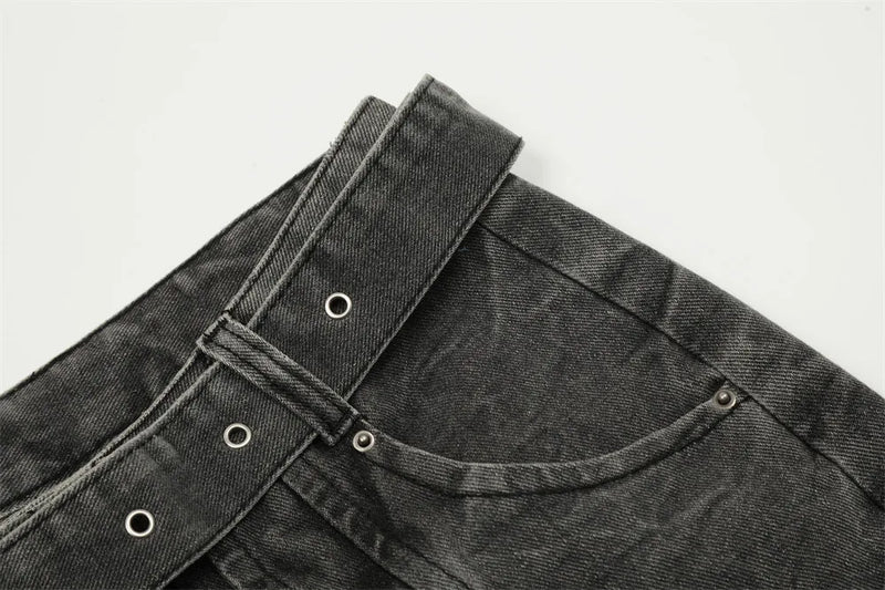 american high street vibe fashion splice jeans mens belt loose casual vintage wide leg straight denim baggy jeans pants trouser unique jeans style 1454