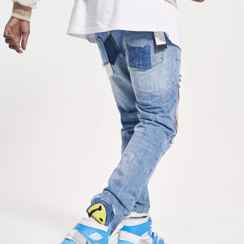 high street floral embroidery patchwork ripped blue jeans pants for male retro straight casual denim trousers oversized jean unique jeans style 1712