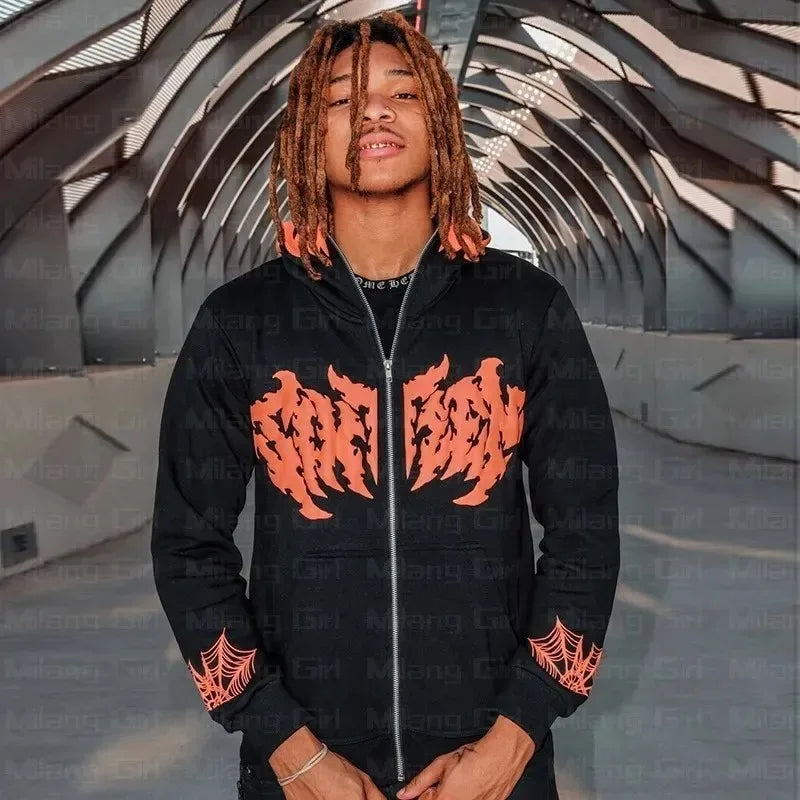 Women Men Zip Up Punk Jackets Halloween Long Sleeve Y2K Hoodies Goth H