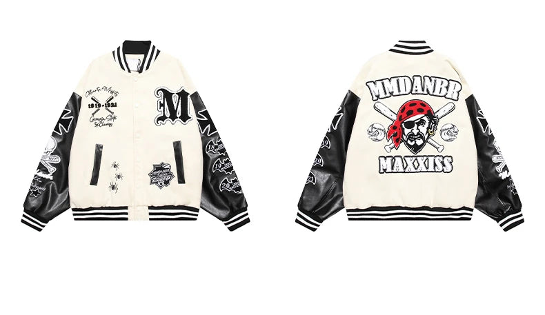 mens bomber baseball jacket coats casual patchwork pu leather single buttons fashion embroidery streetwear hip hop loose jack - variant style 20889e for streetwear fashion