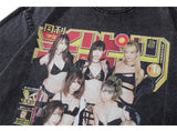 Glitchcore Graphic tee – Vintage Men Black Washed Tshirts Sexy Girls Graphic Print T