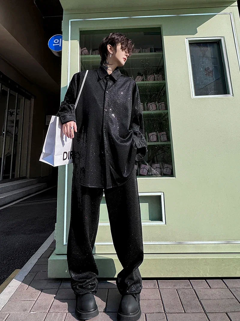 mens sequin 2 piece sets loose casual long sleeve shirt pant stage fashion party show clothing dress shirts trousers costumes minimalist street pants