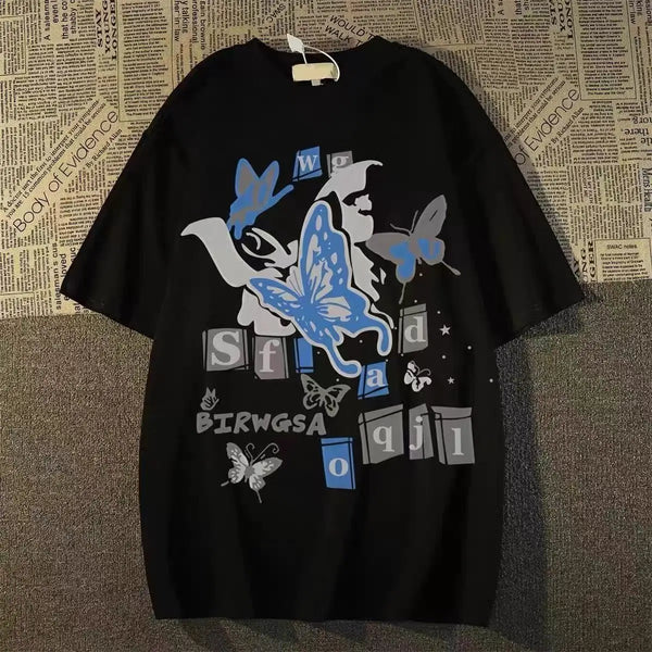 Cyberpunk Tribal flame – Pure Cotton American Butterfly Print Short Sleeved T Shirt F