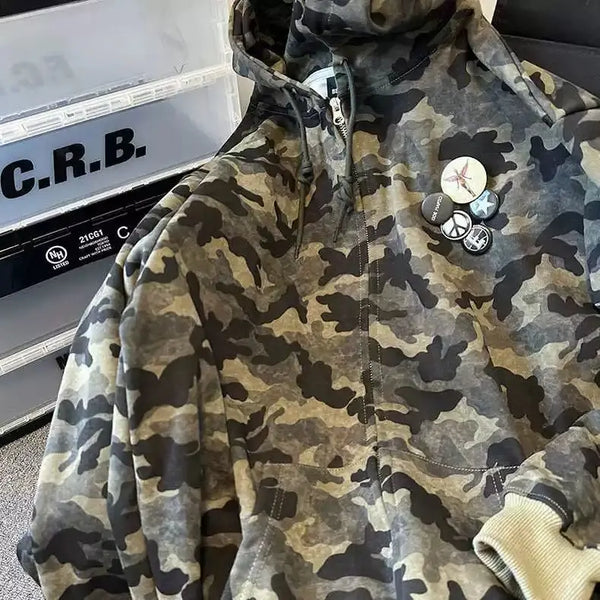 American Retro High Street Camouflage Cardigan Hooded Sweatshirt Winter Men Women Ins Fashion Brand Street Zipper Jacket Top