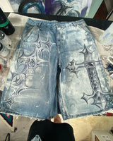 y2k american street retro graffiti anime print oversized denim shorts men shorts high waist fashion loose casual wide leg pants unique jeans style 3491