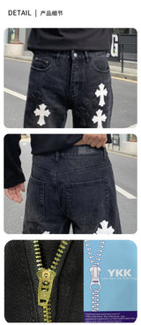 men embroidery streetwear brand fashion hip hop loose casual straight motorcycle denim jeans pant cityboy y2k jeans trousers unique jeans style 2491