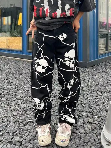 fashion lightning skull printed denim jeans mens unisex casual zipper straight jeans streetwear hip hop y2k jean pants joggers unique joggers style 711