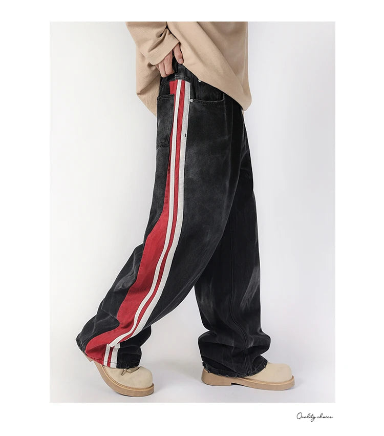 men streetwear fashion side splice hip hop loose casual wide leg straight baggy jeans pant cityboy jeans pants trousers unique jeans style 2625