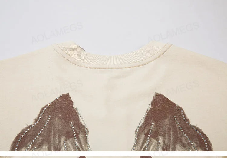 Vaporwave Broken heart – Men Retro T Shirts Rhinestone Wing Washed Short Sleeve T Shi