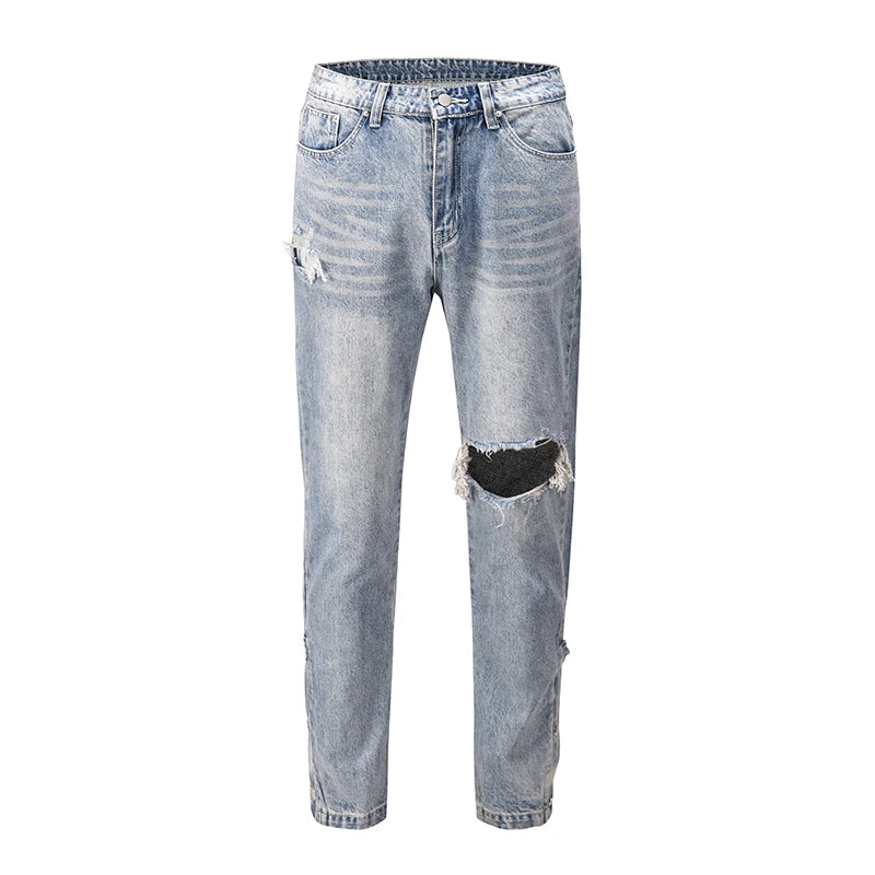 high street washed color match frayed micro flared jeans mens straight spliced retro loose casual denim pants hip hop trousers unique jeans style 6