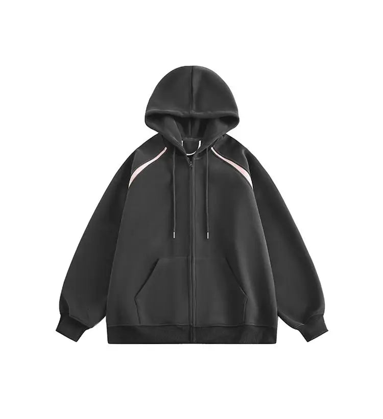American Street Ins Gray Hooded Sweatshirt Jacket for Boys Retro Street Y2K Loose Splicing Contrasting Zipper Cardigan Top