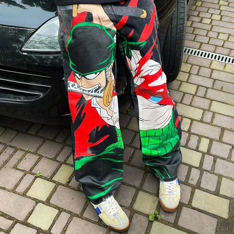harajuku y2k style blue popular anime graphic wide leg jean fashion streetwear denim mens jeans couples high waist pants unique jeans style 3181