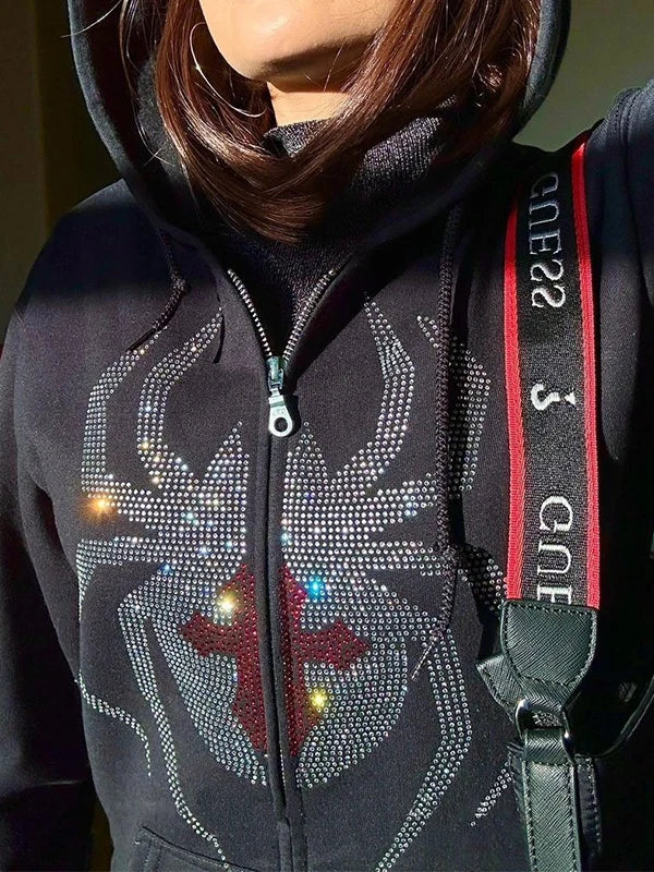 Dark Spider hot drilling Hoodie Pullover Sweatshirt Streetwear vintage Loose Hip Hop Punk Kpop Dance Winter Clothes Long Sleeve