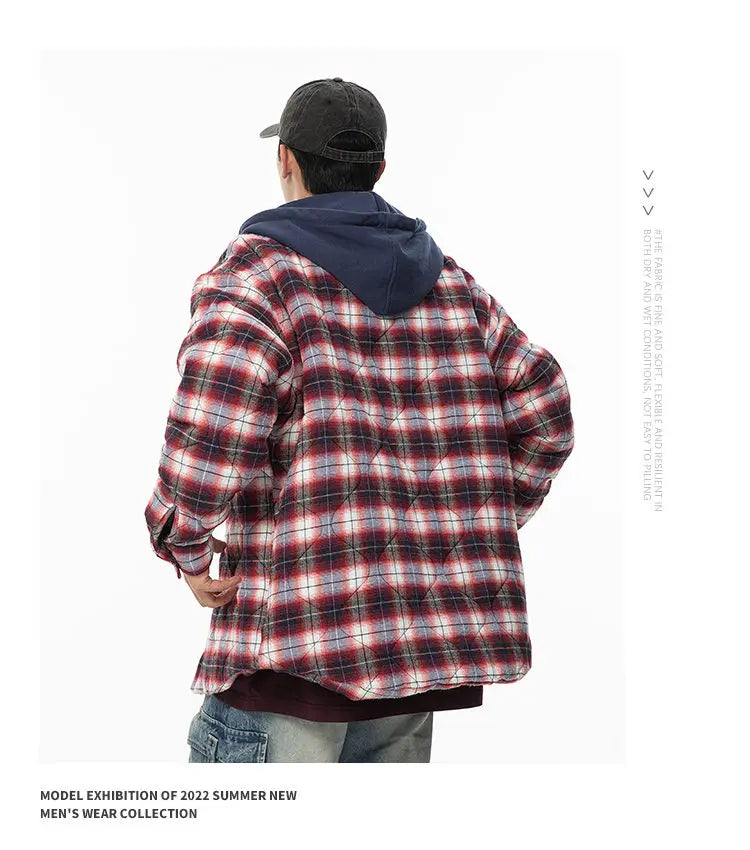 Winter Quilted Thick Plaid Hooded Jacket Men Wmen Streetwear Fashion Oversize Loose Casual Hoody Jacket Padded-cotton Parka Coat