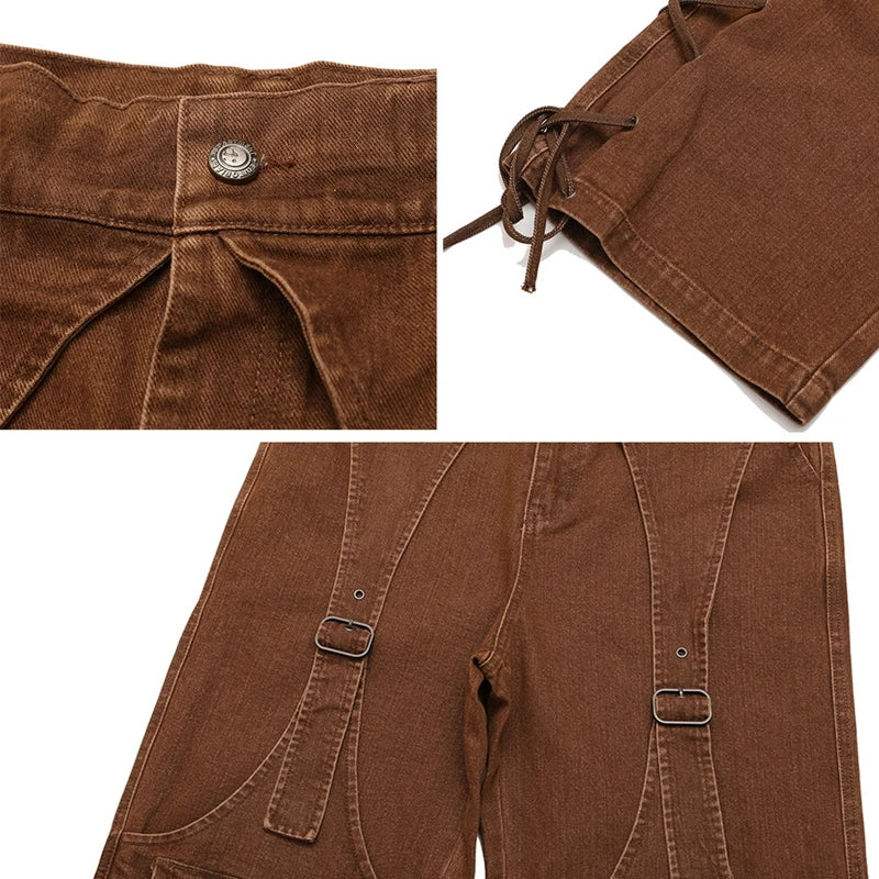 2023 cool design bandage pockets vintage brown baggy men cargo jeans pants y2k hip hop women cotton long trousers pantaloni uomo multi-pocket cargos