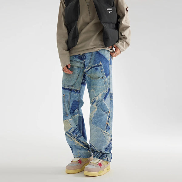 fashion fake patchwork printed denim jeans mens new casual zipper straight loose jeans streetwear hip hop baggy pants joggers streetwear sweatpants