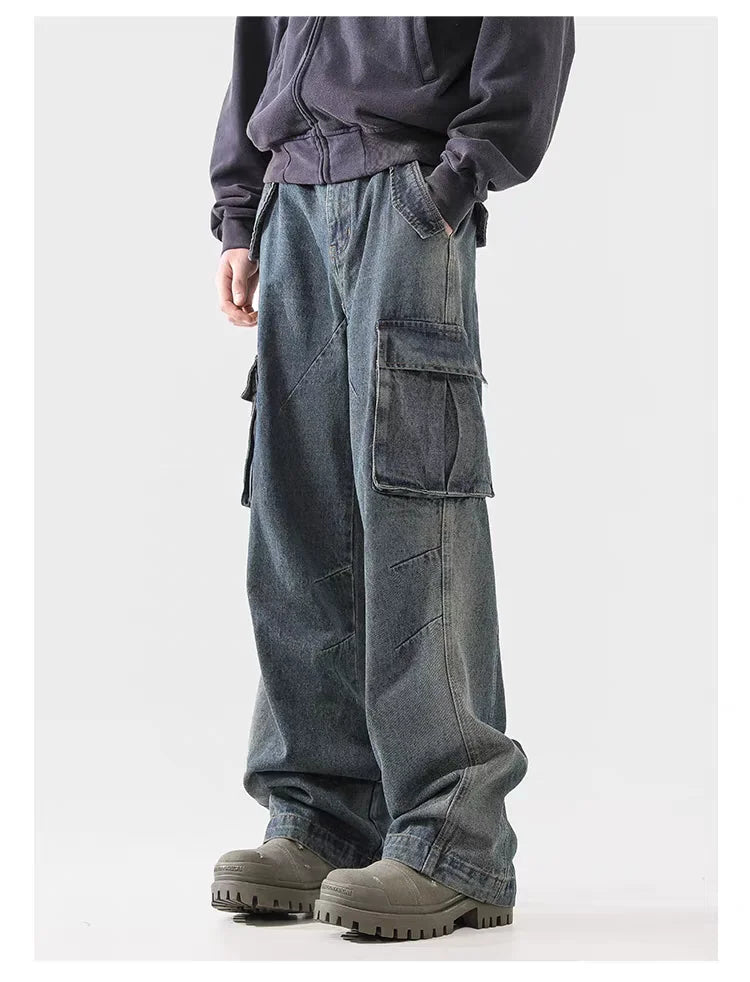 american spring and autumn street trendy personalized work clothes jeans for couples loose retro straight leg casual pants y2k unique jeans style 4973
