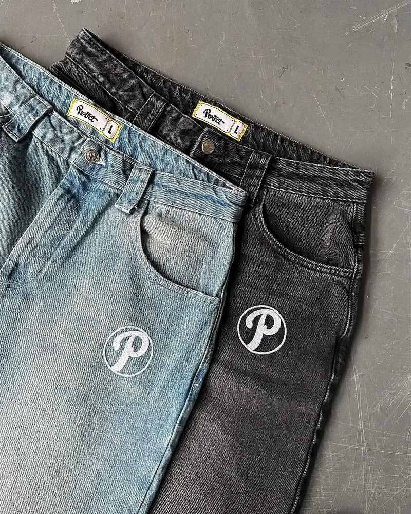baggy jeans men and women retro harajuku hip hop high waist wide leg trouser y2k new protect jeans letter embroidery washed blue unique jeans style 2532