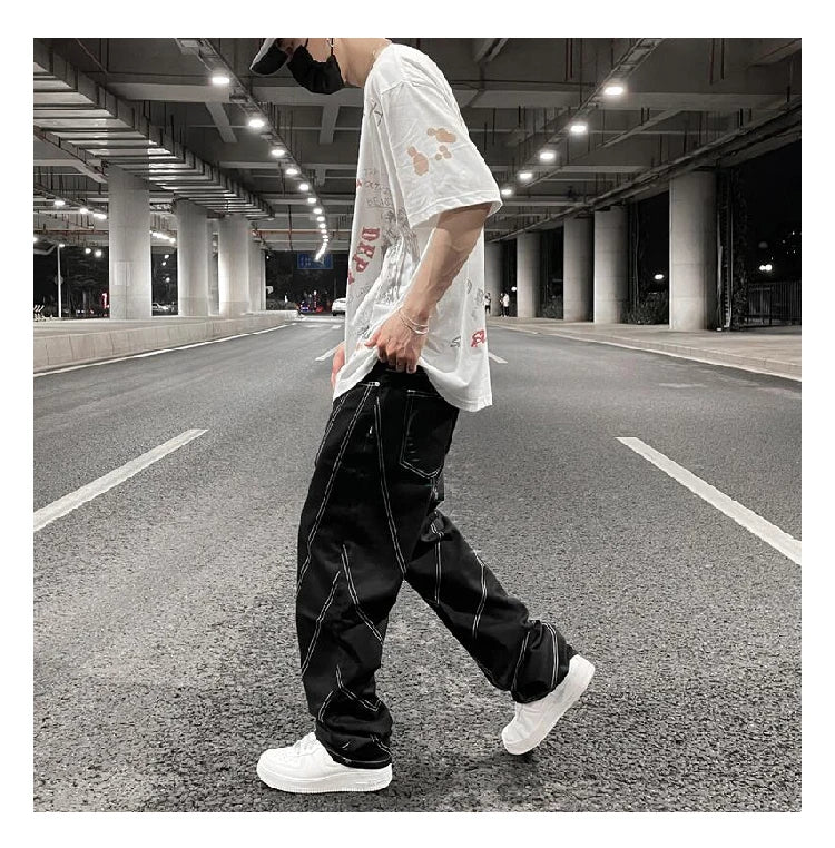 fashion design lines denim jeans mens zipper loose straight trousers hip hop new casual streetwear pants joggers baggy jeans unique joggers style 1454
