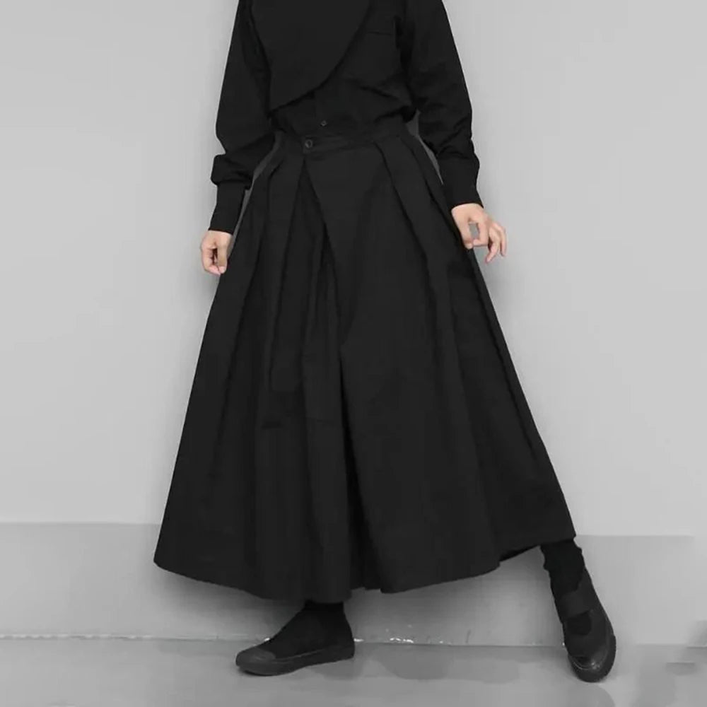 trendy gothic loose casual culottes mens japanese wide leg pants new oversize design streetwear dark black trousers male clothes unique default style 157