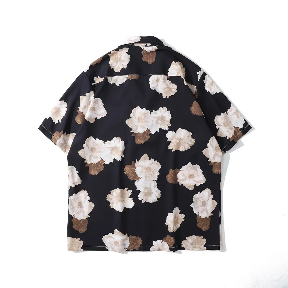 Dark Icon Floral Hawaiian Shirt Men Tur-down Collar Men's Polo Shirt Black White