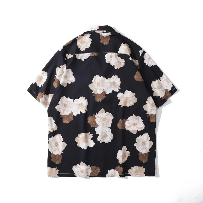 Dark Icon Floral Hawaiian Shirt Men Tur-down Collar Men's Polo Shirt Black White