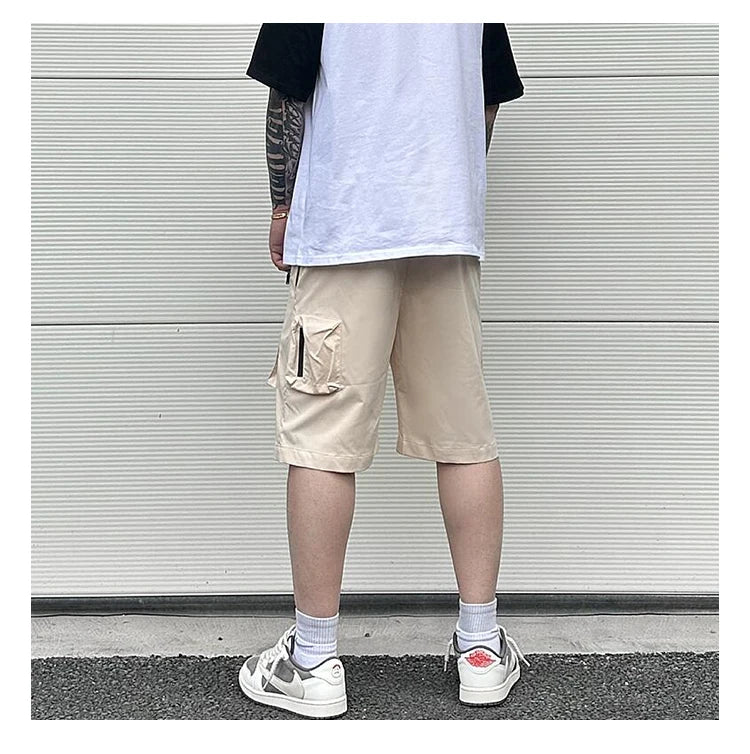 Retro Fashion Vibe Summer Cargo Shorts Functional Pockets Press Glue Zipper Straight Shorts Baggy Casual Split Knee-length