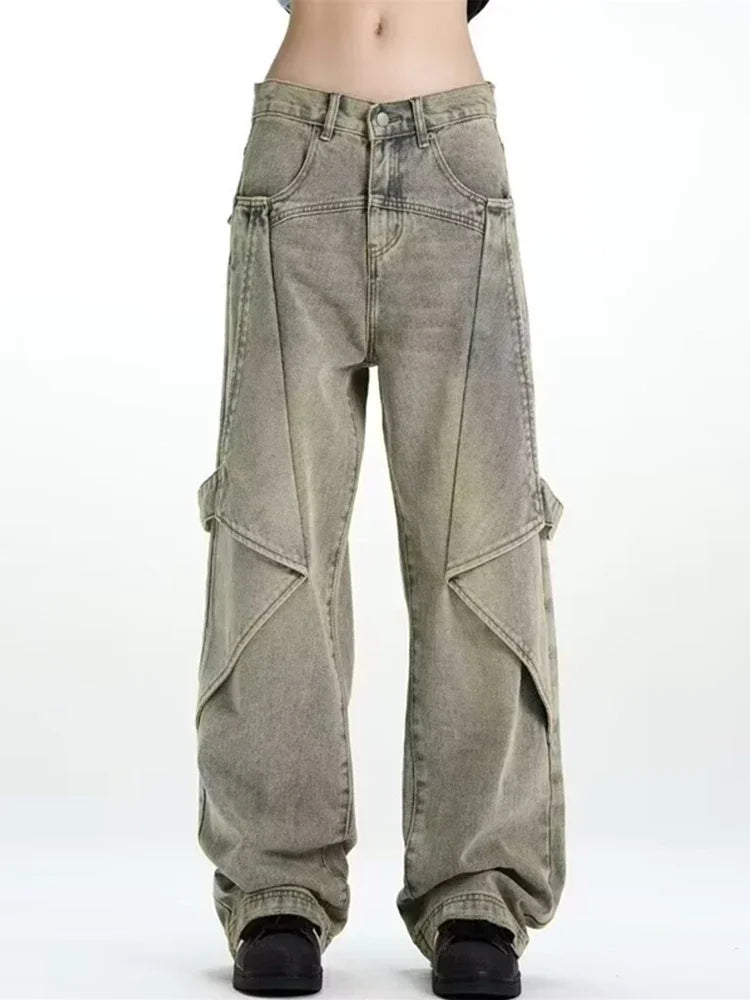 2024 new hip hop wide leg jeans for men washed distressed baggy denim trousers high street deconstruction cargo jean y2k pants unique cargo style 454