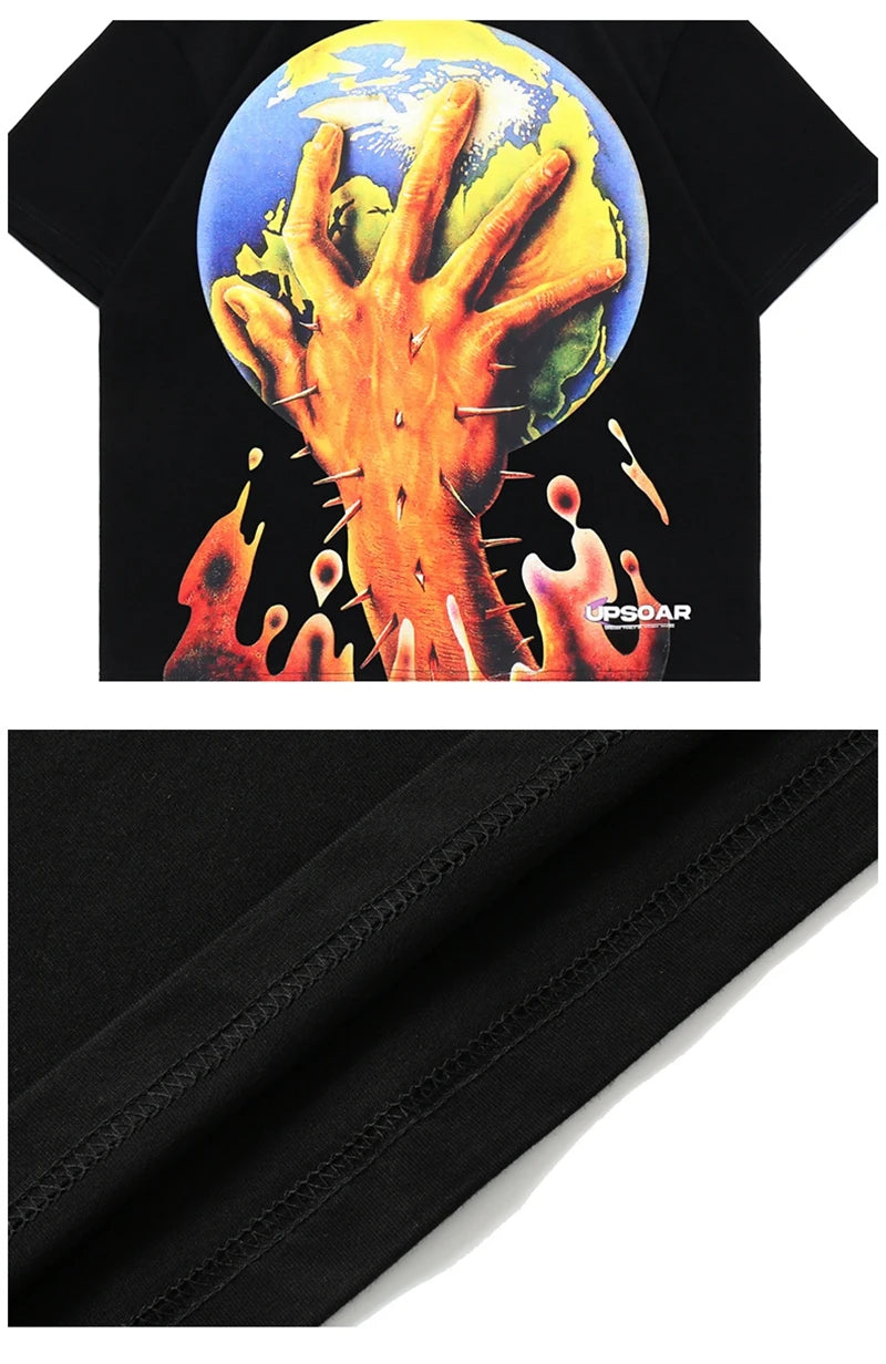 Cyberpunk Broken heart – Men Horror Hand Earth Printed T Shirt Summer Gothic Hip Hop