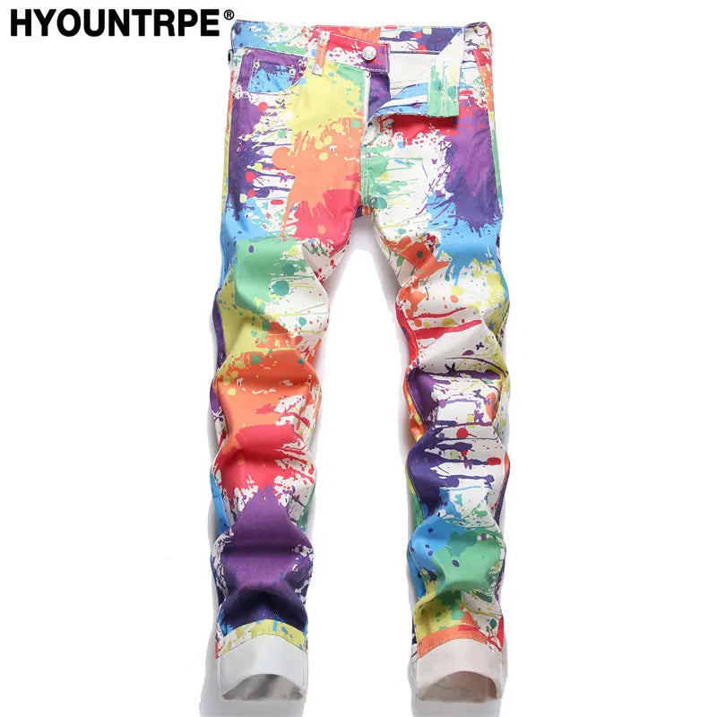 fashion colorful graffiti printed jeans printed denim pants men biker zipper jeans streetwear slim fit y2k hip hop pants joggers sporty tapered joggers
