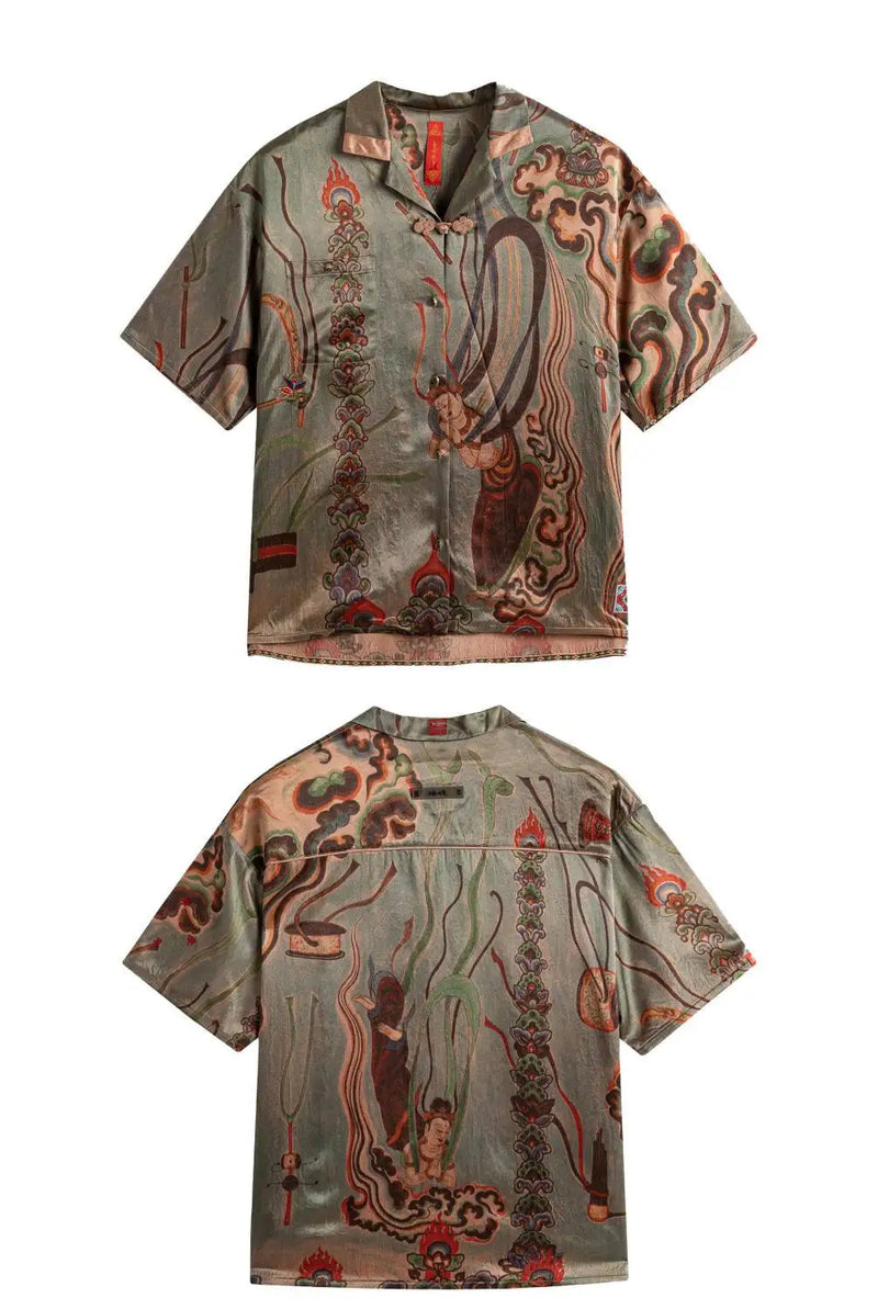 Dunhuang Feitian new Chinese style national trend printed casual short-sleeved shirt 2024 young men and women trendy retro tops