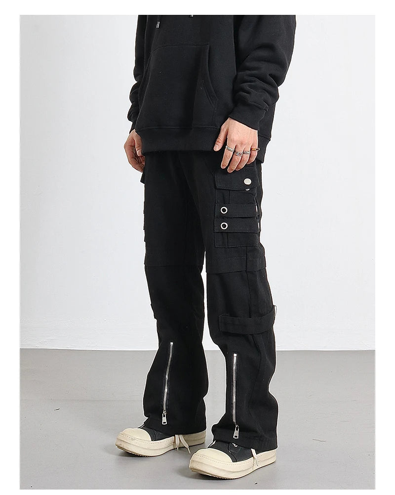 hip hip pants men bottom zipper cargo pants streetwear side pockets harajuku joggers unisex baggy loose straight cotton trousers unique joggers style 3231