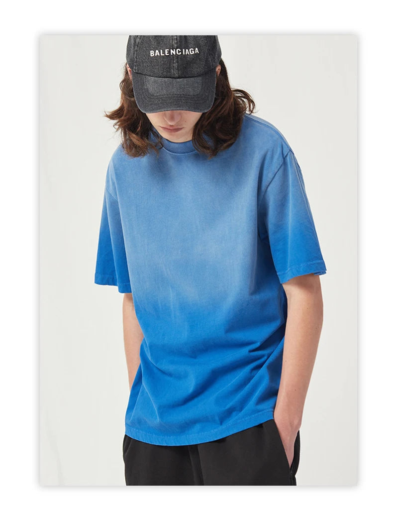 Spring Summer New Products Fried Color Wash Water Gradient Color Loose Short-sleeved Casual Basic Bottoming Round Neck